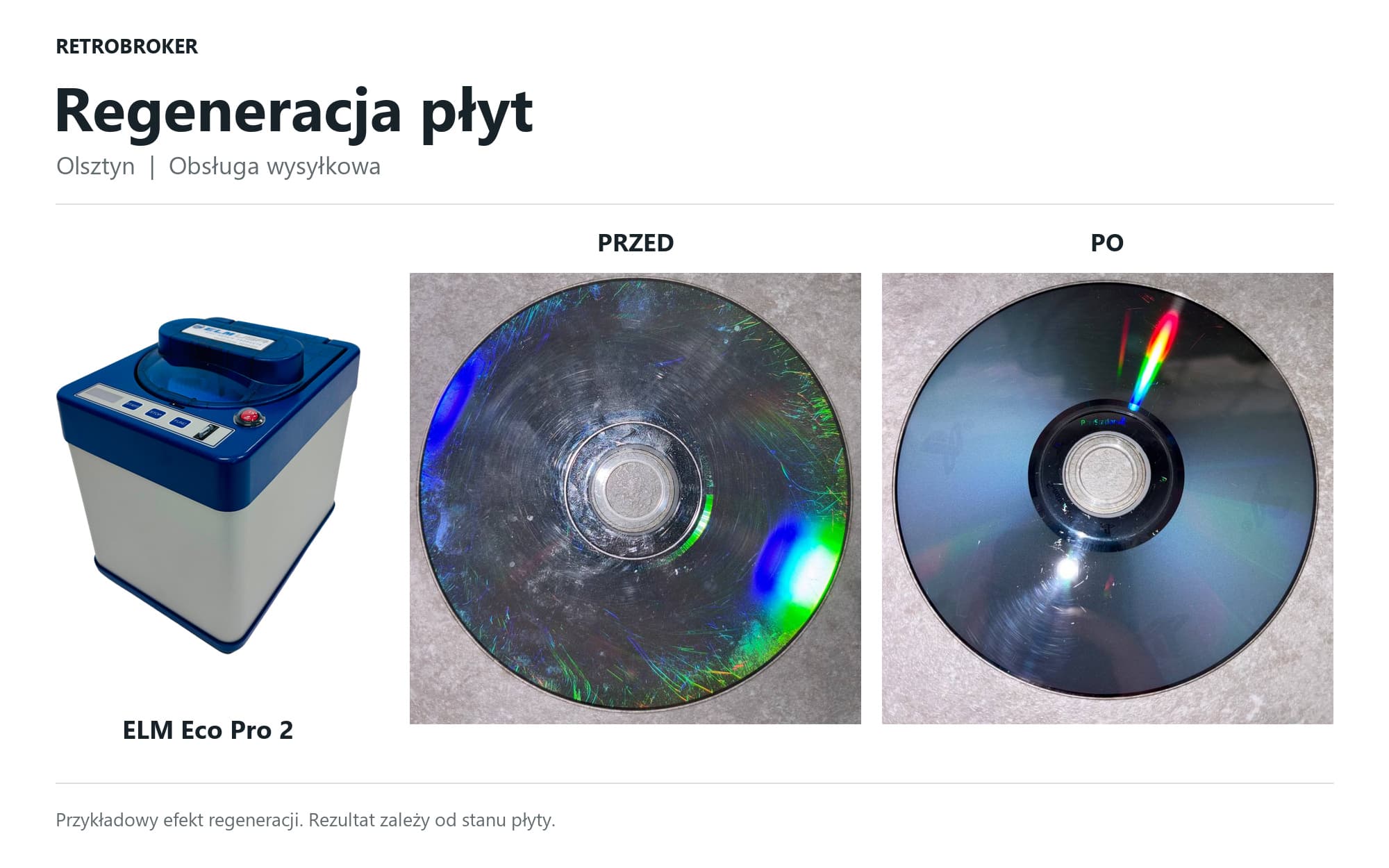 Rzeczywiste zdjęcia płyty przed regeneracją i po regeneracji w Retrobroker